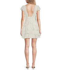 Storia Chiffon Polka Dot Short Sleeve Lace Trim Ruffled Tie Front Dress