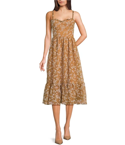 Storia Floral Flocked Velvet Sweetheart Neck Ruffle Hem Midi Dress