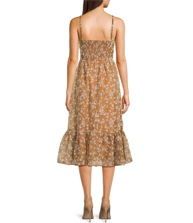 Storia Floral Flocked Velvet Sweetheart Neck Ruffle Hem Midi Dress
