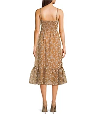 Storia Floral Flocked Velvet Sweetheart Neck Ruffle Hem Midi Dress