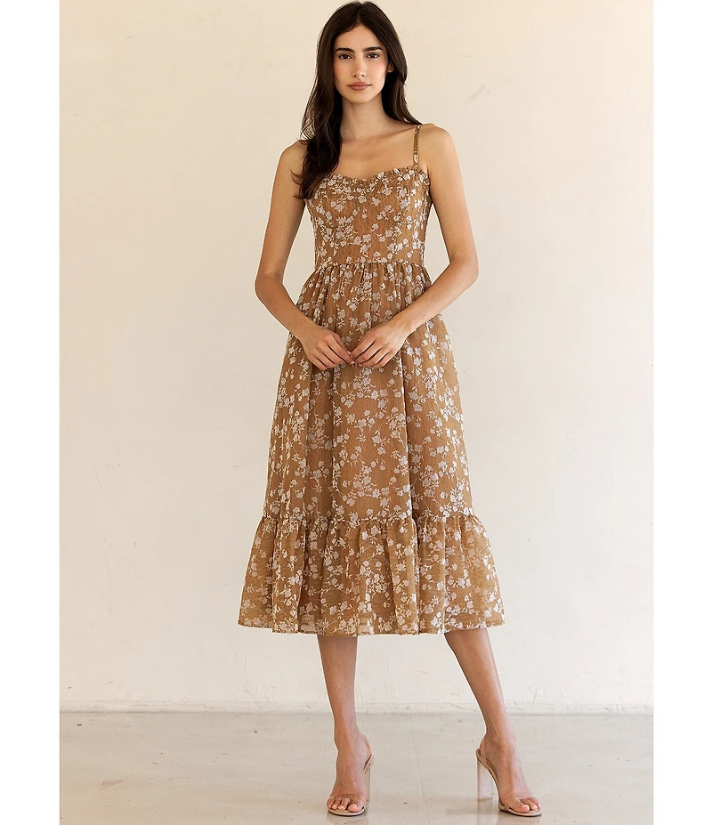 Storia Floral Flocked Velvet Sweetheart Neck Ruffle Hem Midi Dress