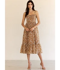 Storia Floral Flocked Velvet Sweetheart Neck Ruffle Hem Midi Dress