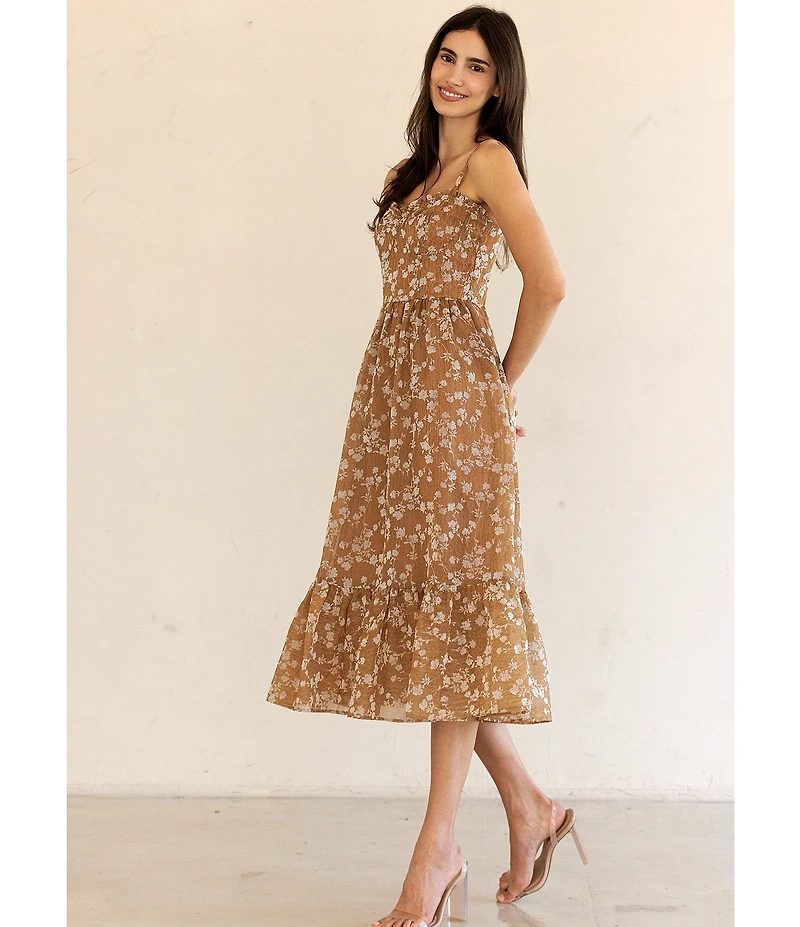 Storia Floral Flocked Velvet Sweetheart Neck Ruffle Hem Midi Dress