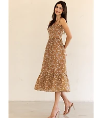 Storia Floral Flocked Velvet Sweetheart Neck Ruffle Hem Midi Dress