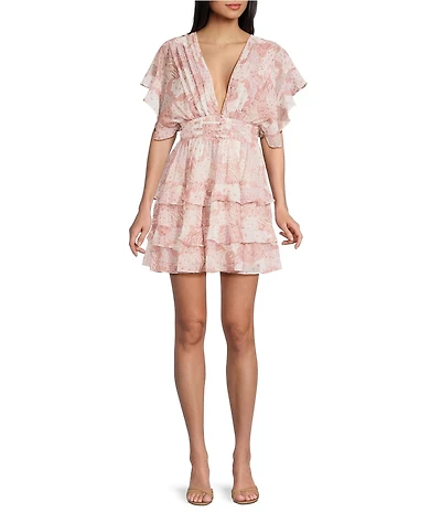 Storia Floral Patch Print Deep V-Neck Flutter Sleeve Open Back Tiered Ruffle Dress
