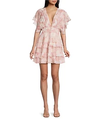 Storia Floral Patch Print Deep V-Neck Flutter Sleeve Open Back Tiered Ruffle Dress