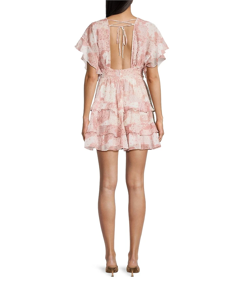 Storia Floral Patch Print Deep V-Neck Flutter Sleeve Open Back Tiered Ruffle Dress