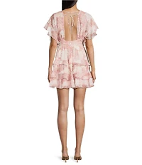 Storia Floral Patch Print Deep V-Neck Flutter Sleeve Open Back Tiered Ruffle Dress