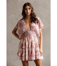 Storia Floral Patch Print Deep V-Neck Flutter Sleeve Open Back Tiered Ruffle Dress