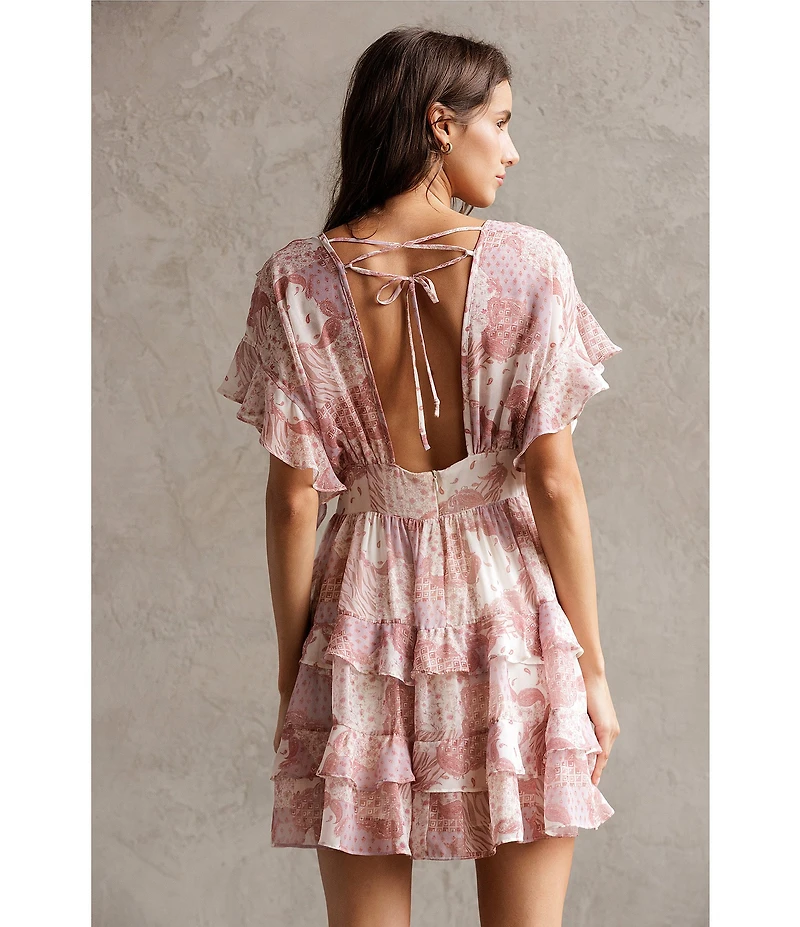 Storia Floral Patch Print Deep V-Neck Flutter Sleeve Open Back Tiered Ruffle Dress