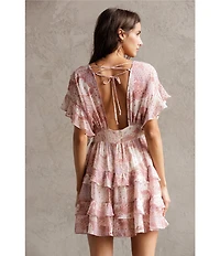 Storia Floral Patch Print Deep V-Neck Flutter Sleeve Open Back Tiered Ruffle Dress