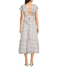 Storia Floral Print Deep V-Neck Flutter Sleeve Tie Back Midi Dress