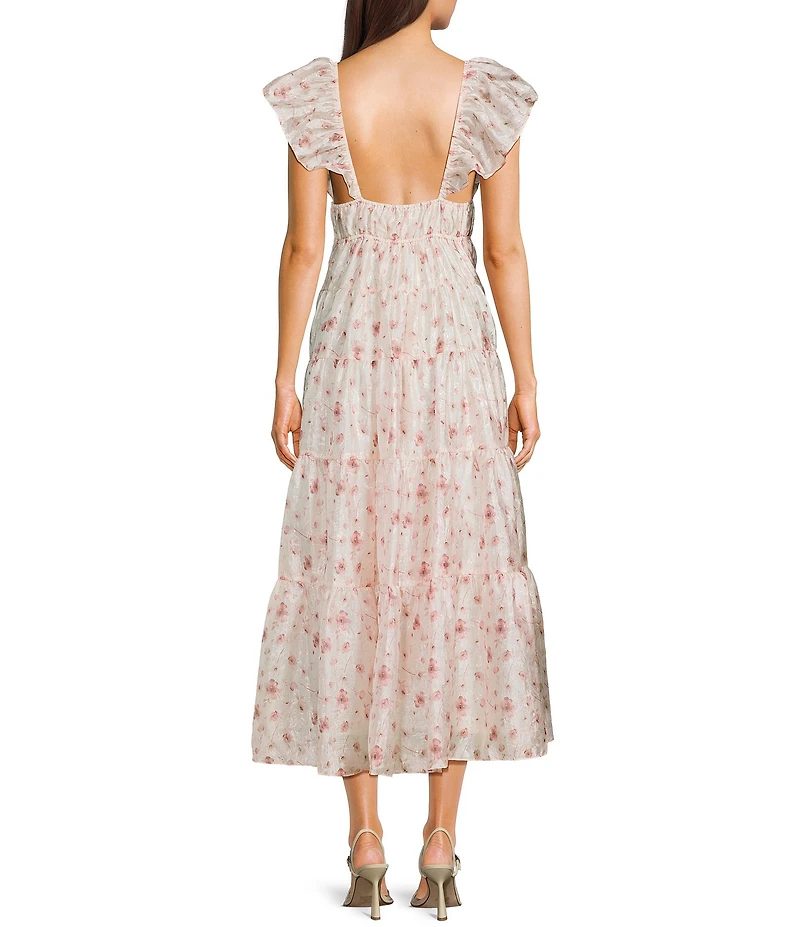 Storia Floral Print Deep V-Neck Tie Front Flutter Sleeve Tiered Maxi Dress
