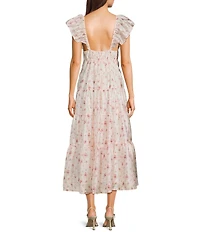 Storia Floral Print Deep V-Neck Tie Front Flutter Sleeve Tiered Maxi Dress