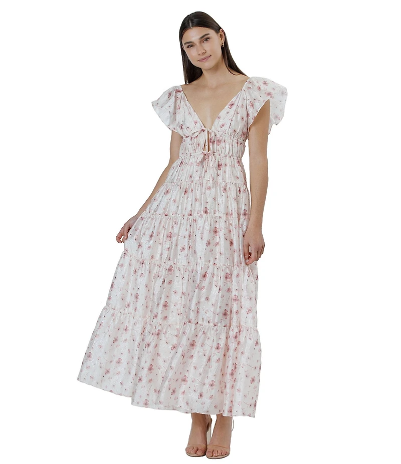 Storia Floral Print Deep V-Neck Tie Front Flutter Sleeve Tiered Maxi Dress