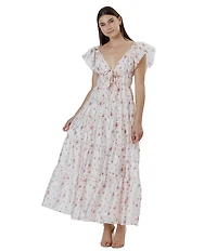 Storia Floral Print Deep V-Neck Tie Front Flutter Sleeve Tiered Maxi Dress