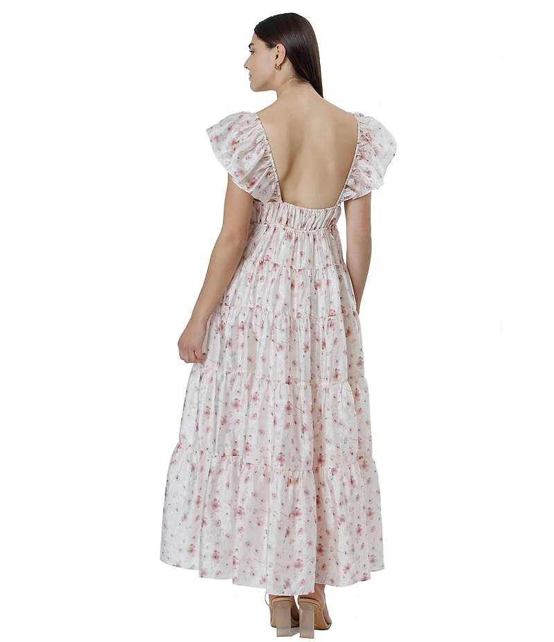 Storia Floral Print Deep V-Neck Tie Front Flutter Sleeve Tiered Maxi Dress