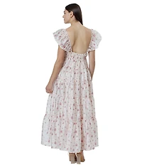 Storia Floral Print Deep V-Neck Tie Front Flutter Sleeve Tiered Maxi Dress