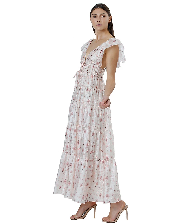 Storia Floral Print Deep V-Neck Tie Front Flutter Sleeve Tiered Maxi Dress
