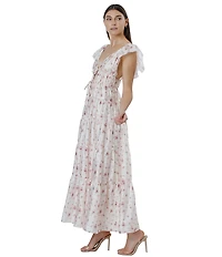 Storia Floral Print Deep V-Neck Tie Front Flutter Sleeve Tiered Maxi Dress