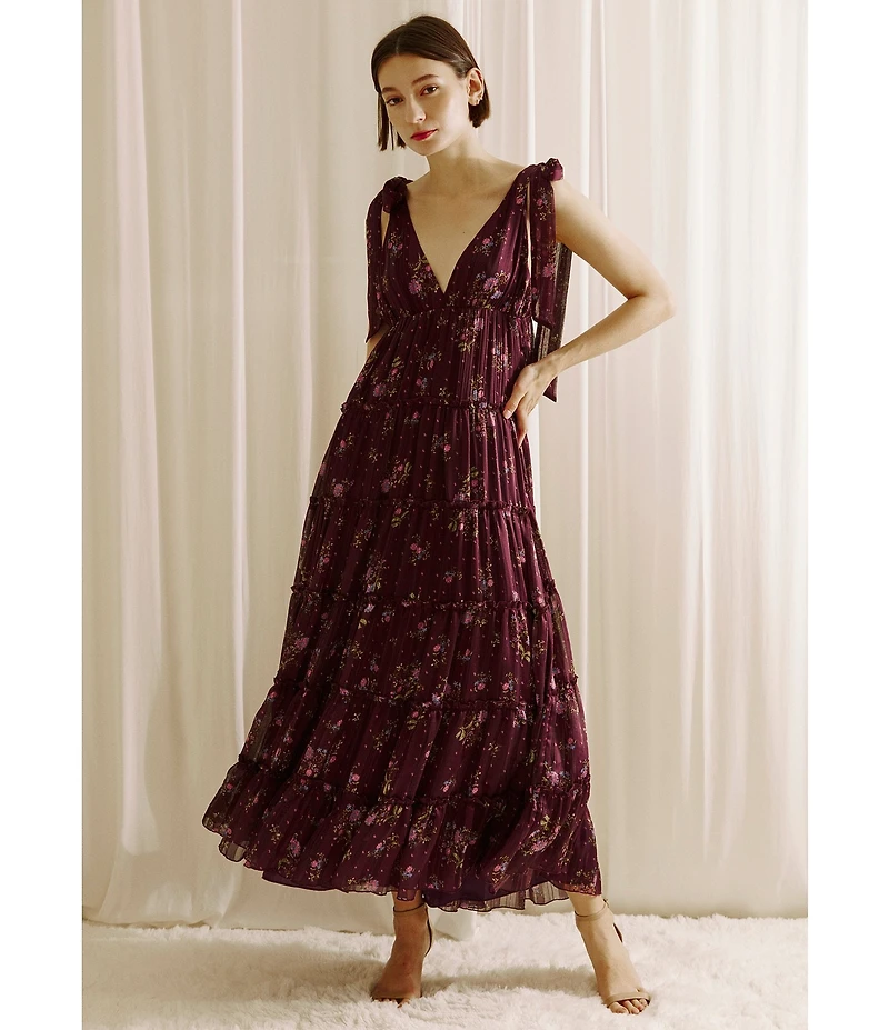 Storia Floral Print Plunge Neck Tie-Shoulder Tiered Open Back Midi Dress