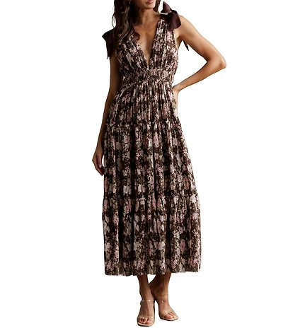 Storia Floral Print Tie Shoulder Plunge Neck Empire Waist Midi Dress