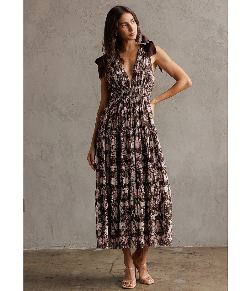 Storia Floral Print Tie Shoulder Plunge Neck Empire Waist Midi Dress