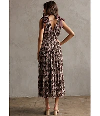 Storia Floral Print Tie Shoulder Plunge Neck Empire Waist Midi Dress