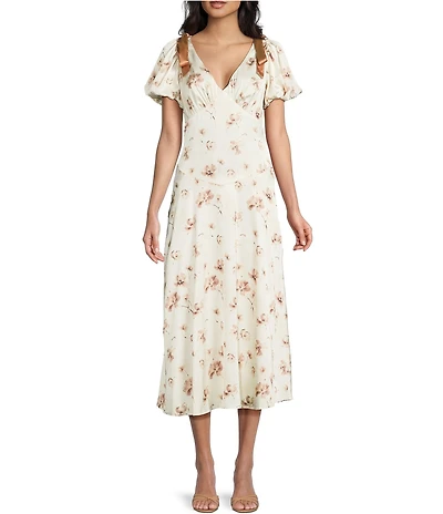 Storia Floral Print V-Neck Tie Shoulder Puff Sleeve A-Line Midi Dress