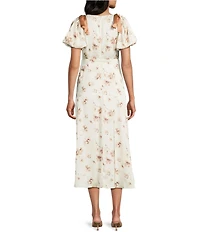 Storia Floral Print V-Neck Tie Shoulder Puff Sleeve A-Line Midi Dress