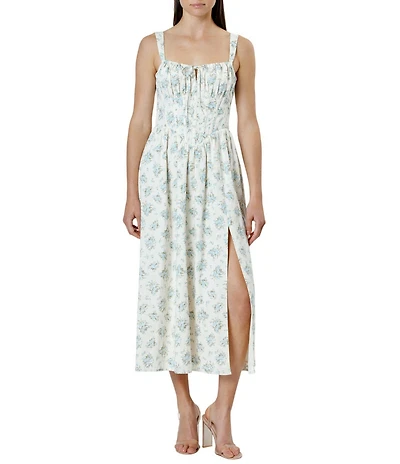 Storia Floral Printed Tie Front Corseted Side Slit Midi Dress