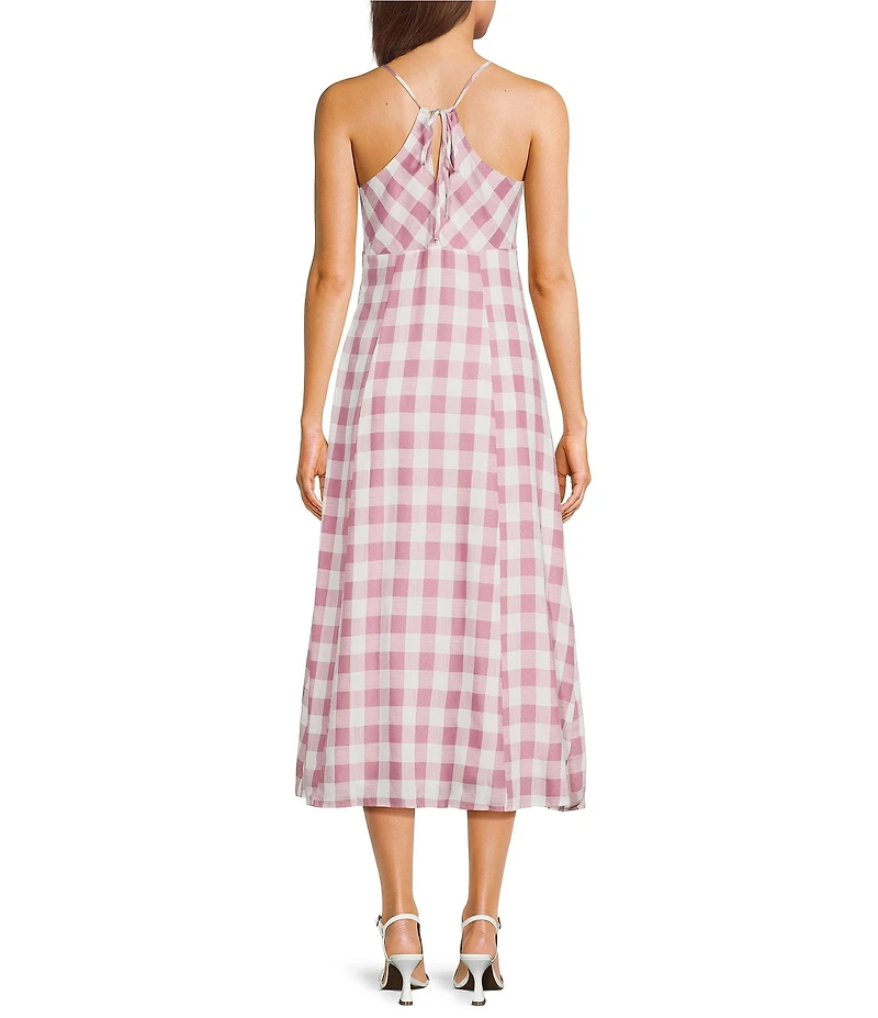 Storia Gingham Check Tie & Button Front Midi Dress
