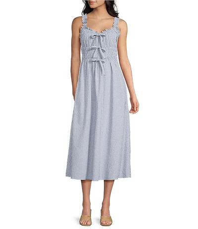Storia Gingham Print Smocked Bodice Bow Front Midi Dress