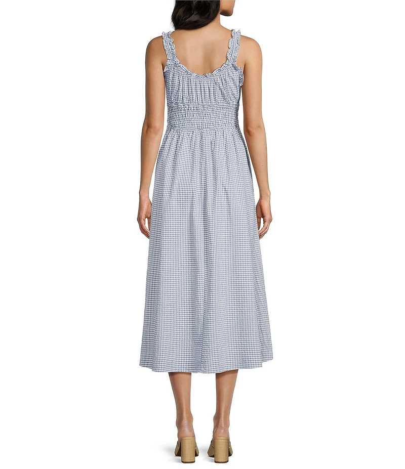 Storia Gingham Print Smocked Bodice Bow Front Midi Dress