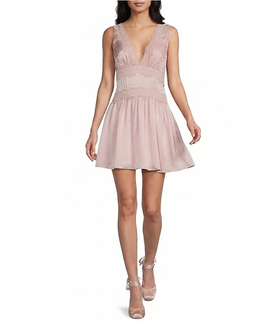 Storia Satin Lace Trim V-Neck Mini Dress
