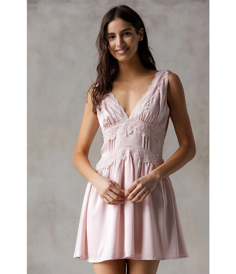 Storia Satin Lace Trim V-Neck Mini Dress