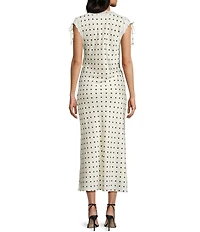 Storia Satin Polka Dot Cap Sleeve Lace Trim Midi Dress