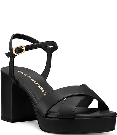 Stuart Weitzman Dayna 80 Leather Ankle Strap Platform Block Heel Sandals