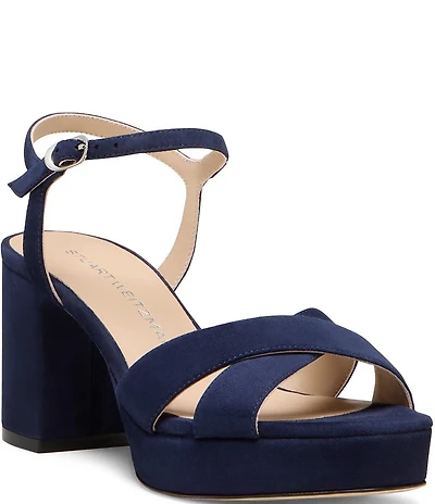 Stuart Weitzman Dayna 80 Suede Ankle Strap Platform Block Heel Sandals