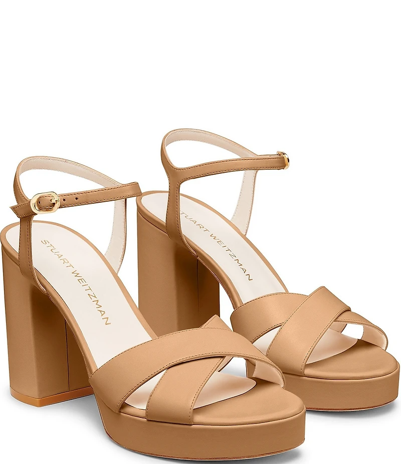 Stuart Weitzman Dayna 110 Leather Platform Block Heel Ankle Strap Sandals