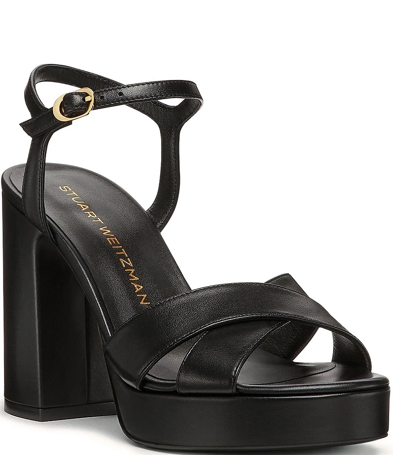 Stuart Weitzman Dayna 110 Leather Platform Block Heel Ankle Strap Sandals