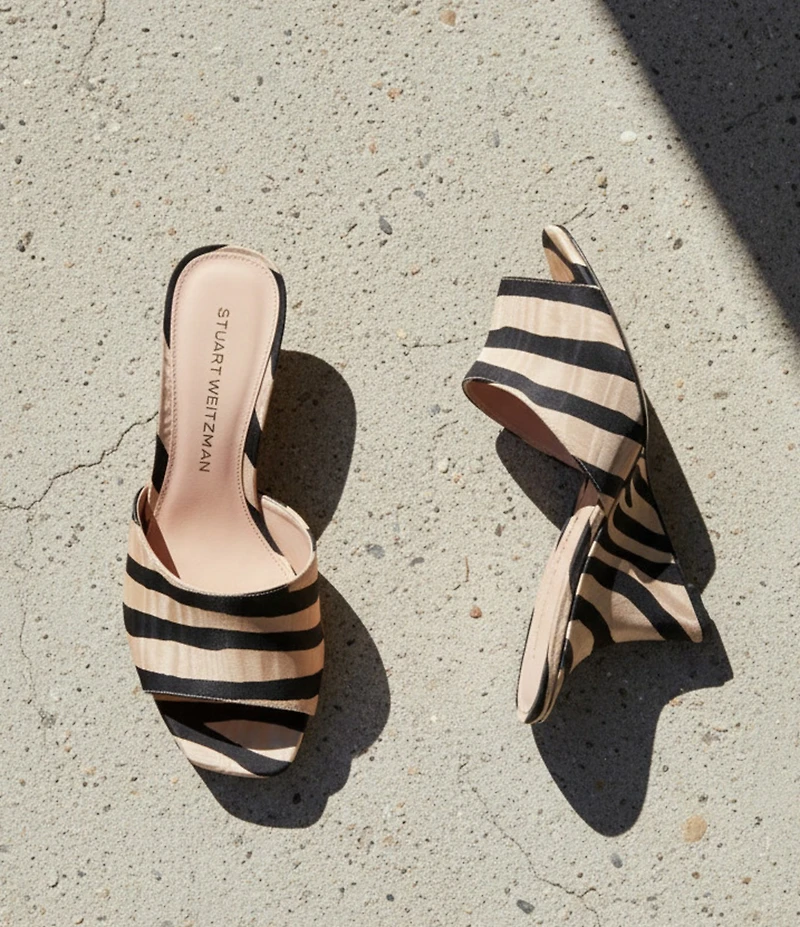 Stuart Weitzman Vinnie 85 Zebra Print Moire Wedge Square Toe Dress Slides