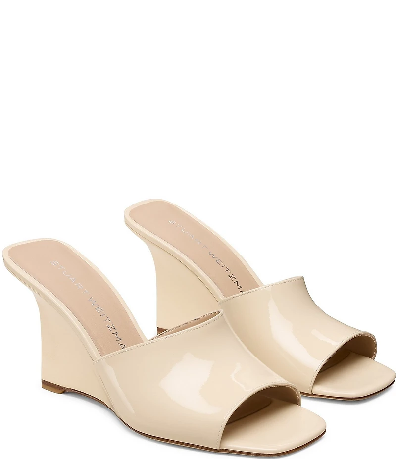 Stuart Weitzman Vinnie 85 Patent Leather Square Toe Wedge Slides