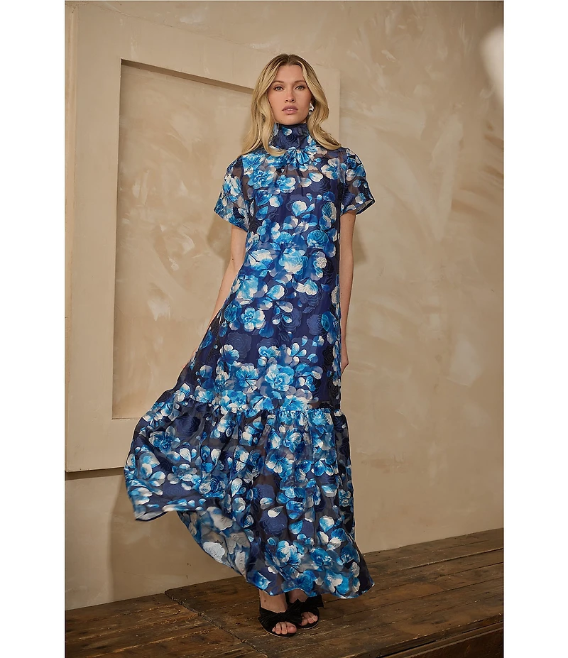 Sugarlips Abay Floral Dime Organza Mock Neck Bow Back Short Sleeve Maxi Dress
