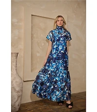 Sugarlips Abay Floral Dime Organza Mock Neck Bow Back Short Sleeve Maxi Dress