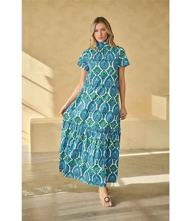 Sugarlips Abstract Dime Printed Mock Neck Short Sleeve Maxi Dress