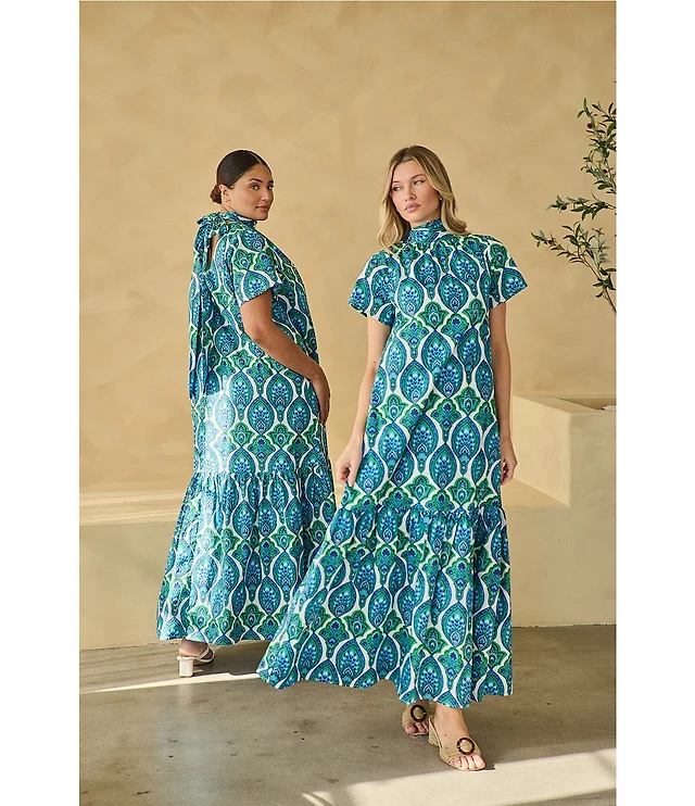 Sugarlips Mersin Sheer Floral Jacquard Organza Mock Neck Short Sleeves  Tiered Hem Shift Maxi Dress at Hamilton Place in Chattanooga, TN