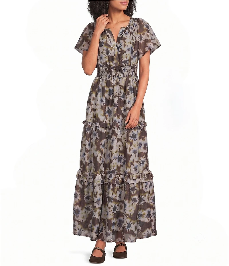 Sugarlips Abstract Palmer Printed Split V-Neck Short Sleeve Tiered Maxi Dress
