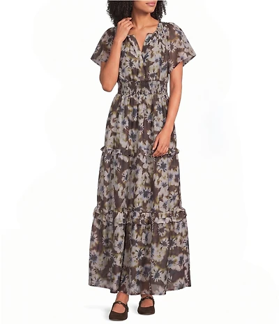 Sugarlips Abstract Palmer Printed Split V-Neck Short Sleeve Tiered Maxi Dress
