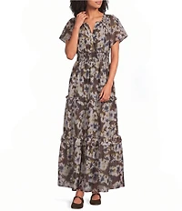 Sugarlips Abstract Palmer Printed Split V-Neck Short Sleeve Tiered Maxi Dress